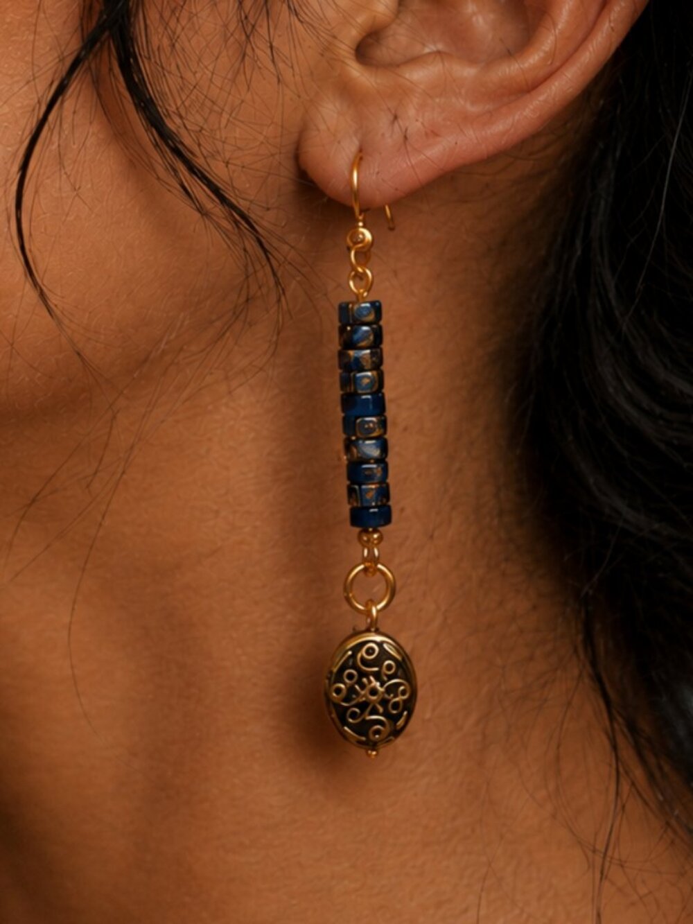 Blue Imperial Jasper Stone Celtic Earrings, 24k Gold Plated Stainless Steel